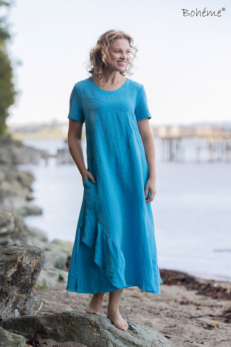 Boheme Lang Linkjole M/Bomullsribb på Ryggen og kort Arm i Turquoise