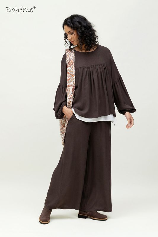 Boheme Bluse M/Rund Hals i Brun