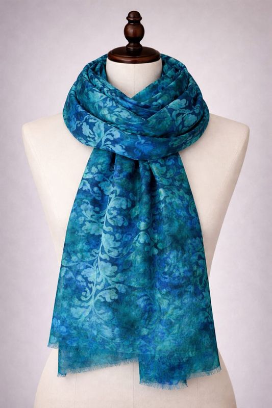 Boheme Skjerf i Ullmix Petrol Ornament 180X70 CM